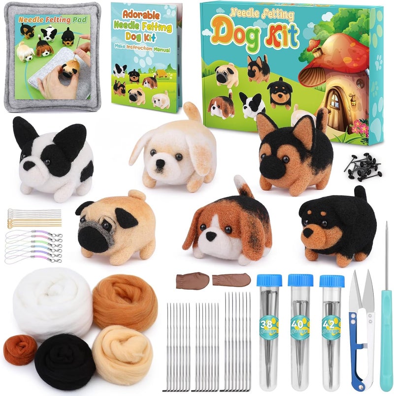 UOOU Needle Felting Kit, 61 Pcs Felt Dog Dolls Needle Felting Set with Felting Needles, Wool Roving, Felting Pad, Instruction Manual, Felting Beginner Tools for Felted Animal Needle Felting Supplies - Image 1